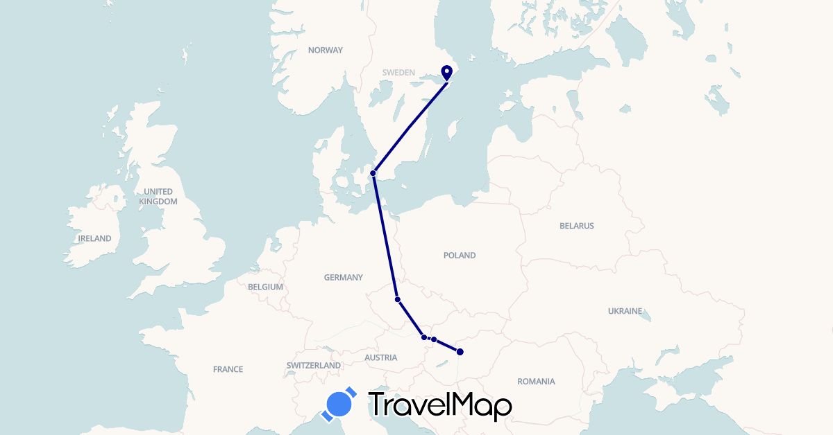 TravelMap itinerary: driving in Austria, Czech Republic, Denmark, Hungary, Sweden, Slovakia (Europe)
